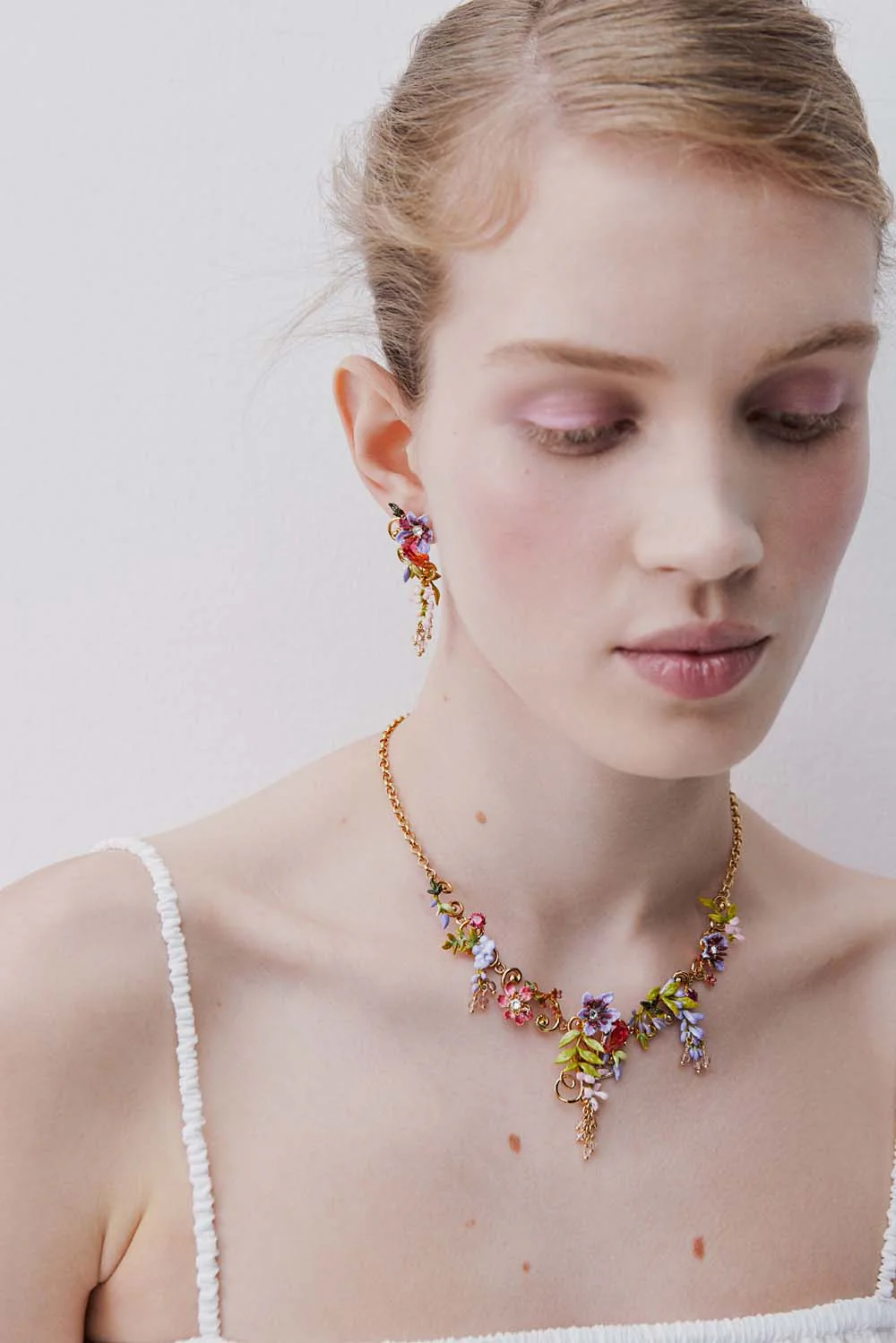 Statement Necklace with Pink and Purple Wisteria on a Golden Arabesque, Adorned with Ivy and Dangling Faceted Pink Crystal Beads - Image 5