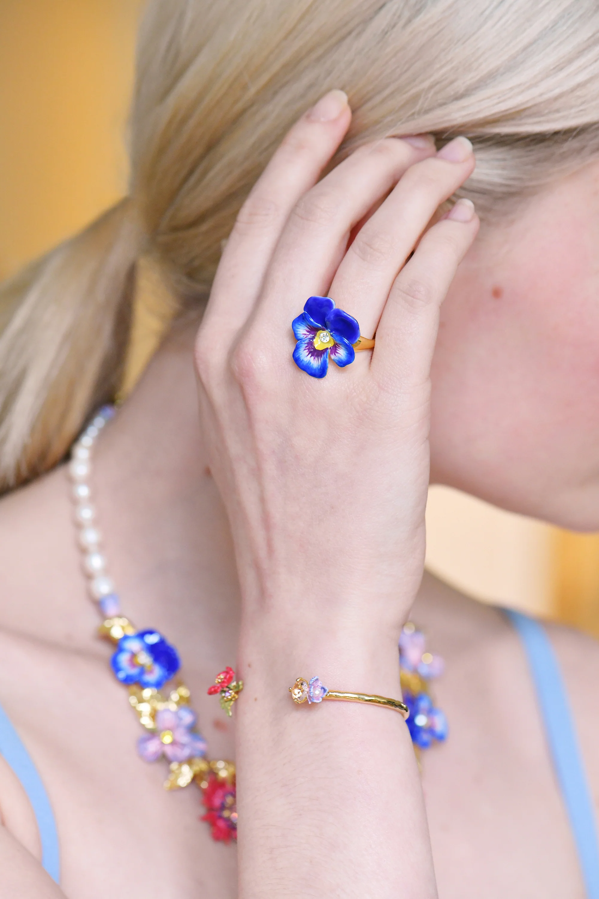 Thousand Pansies Blue pansy and faceted crystal cocktail ring - Image 3