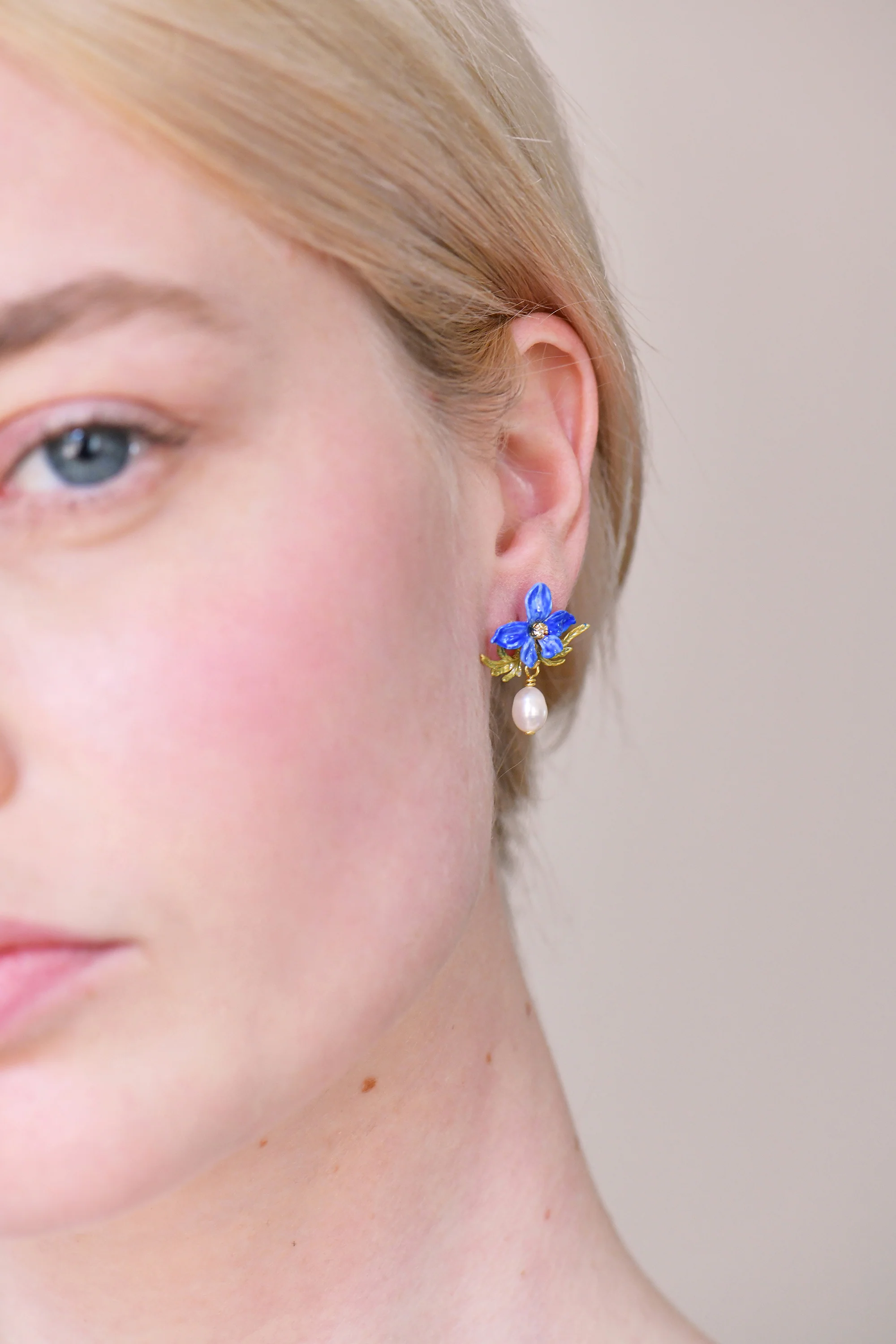 Thousand Pansies Violette and Freshwater Baroque Pearl Post Earrings - Image 3