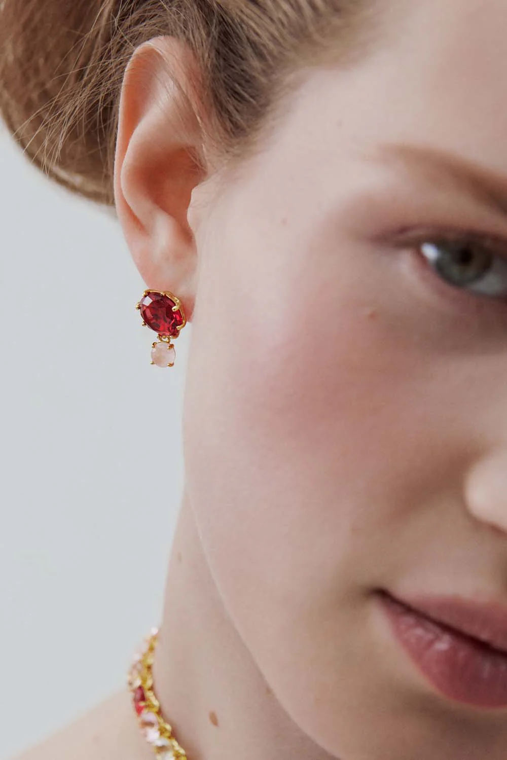 Two-Stone Light Pink and Dark Pink Diamantine Post Earrings - Image 3