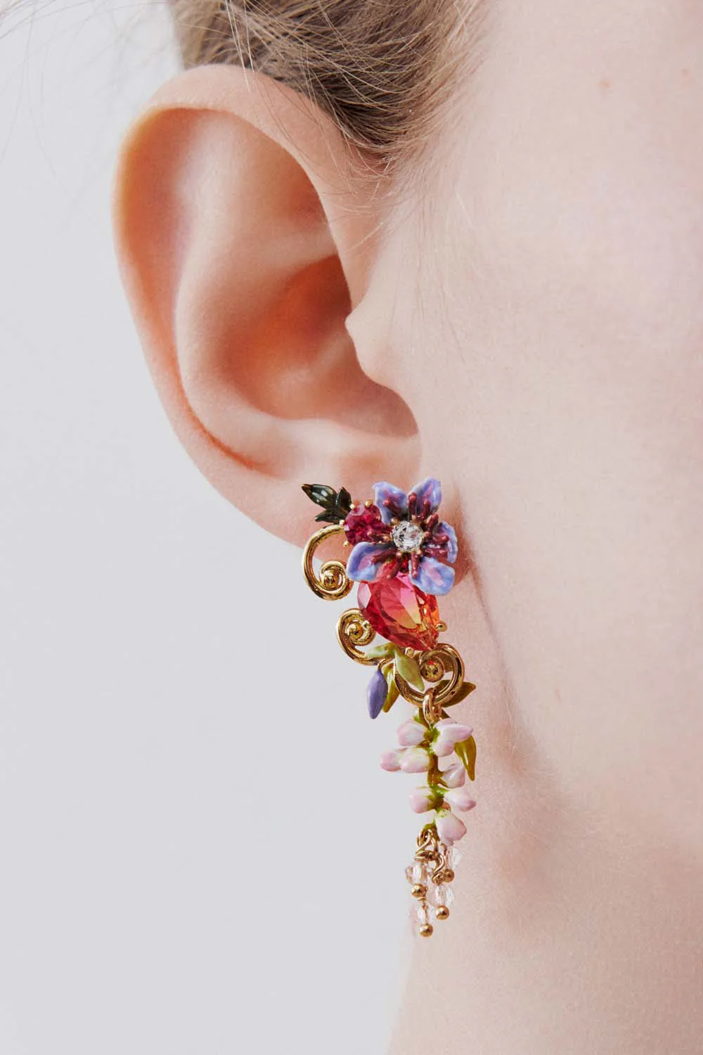 Two-Tone Faceted Glass Dangle Post Earrings, Pink Wisteria on a Golden Arabesque, Faceted Crystal Bead and Ivy - Image 3