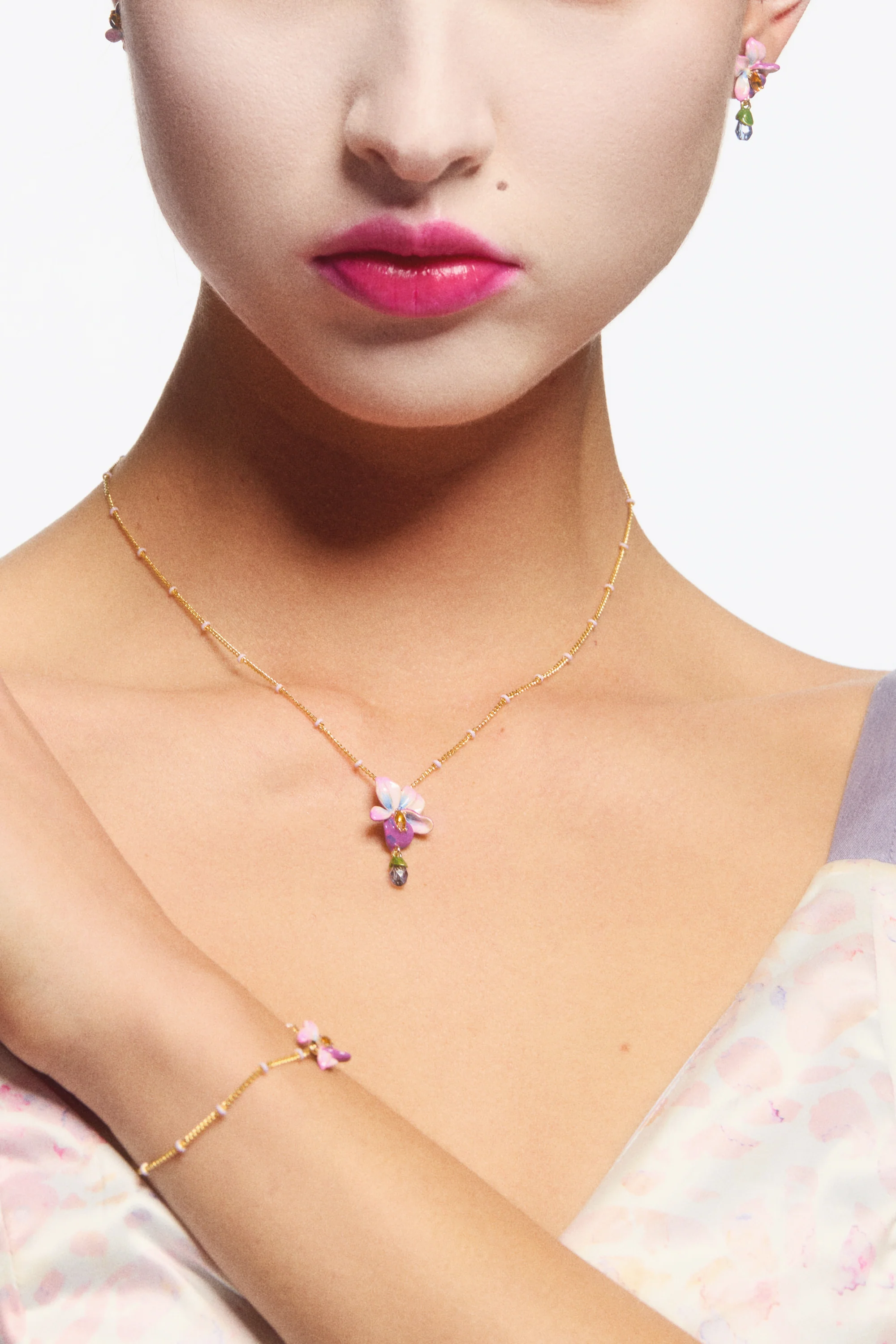 Violet Flower and Hanging Blue Stone Beaded Chain Pendant Necklace - Image 4