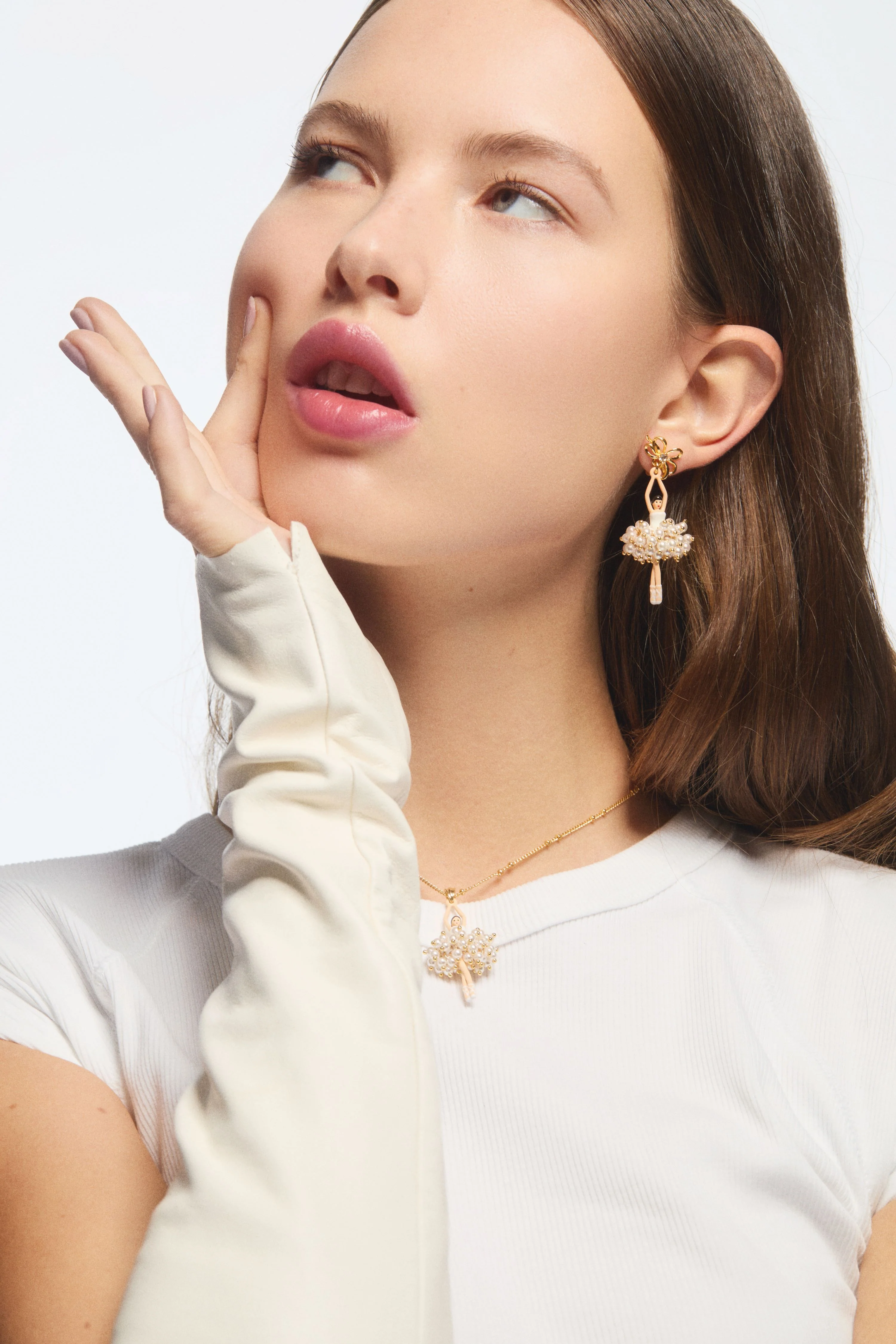 White and Gold Ballerina Post Earrings - Image 3