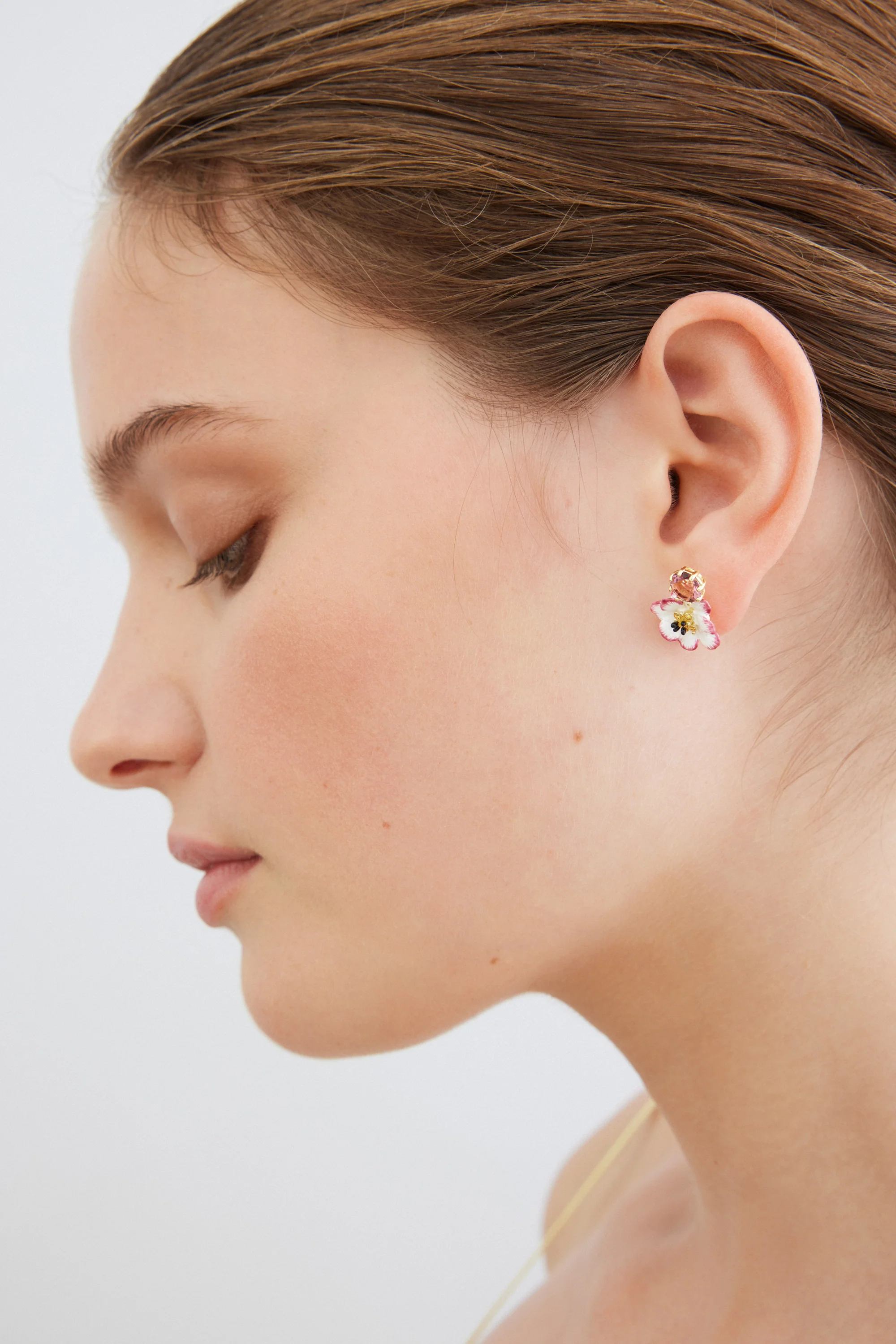 White and Pink Cosmos Flower Post Earrings with Pink Round Stone - Image 3