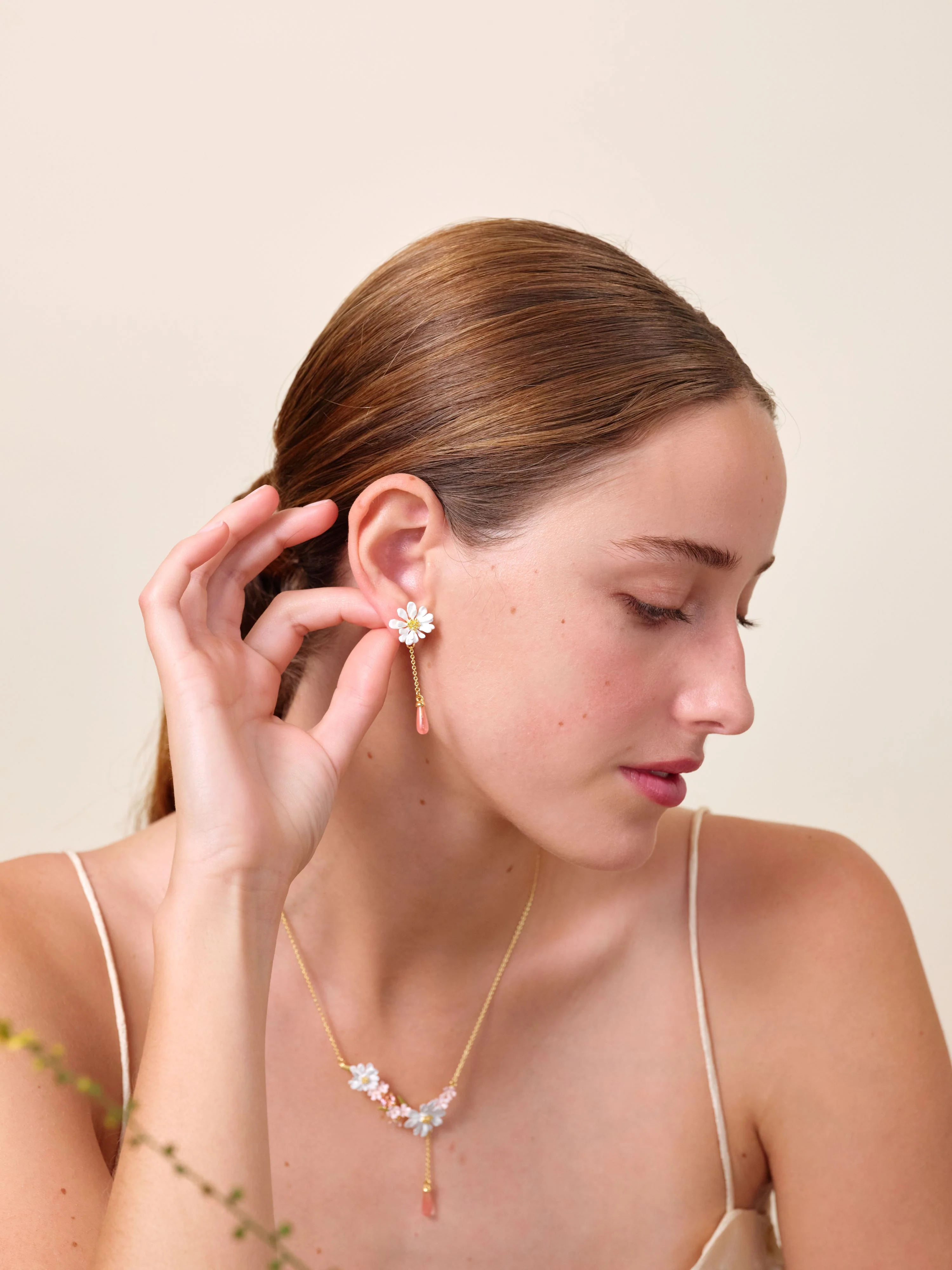 White Flower and Pink Pearl Post Earrings - Image 4