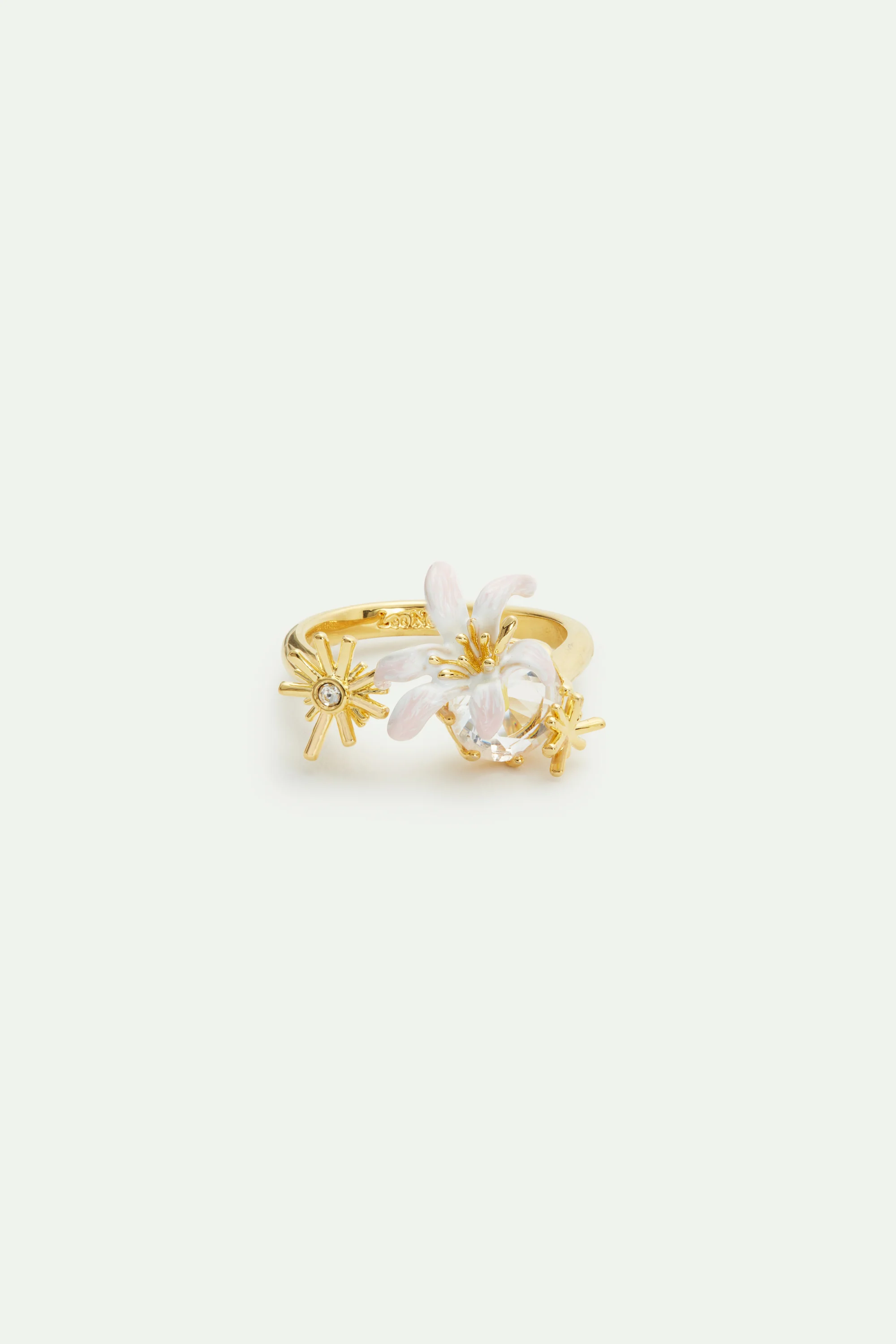 White Lily Flower and Faceted Stone Adjustable Gold-Plated Ring - Image 2