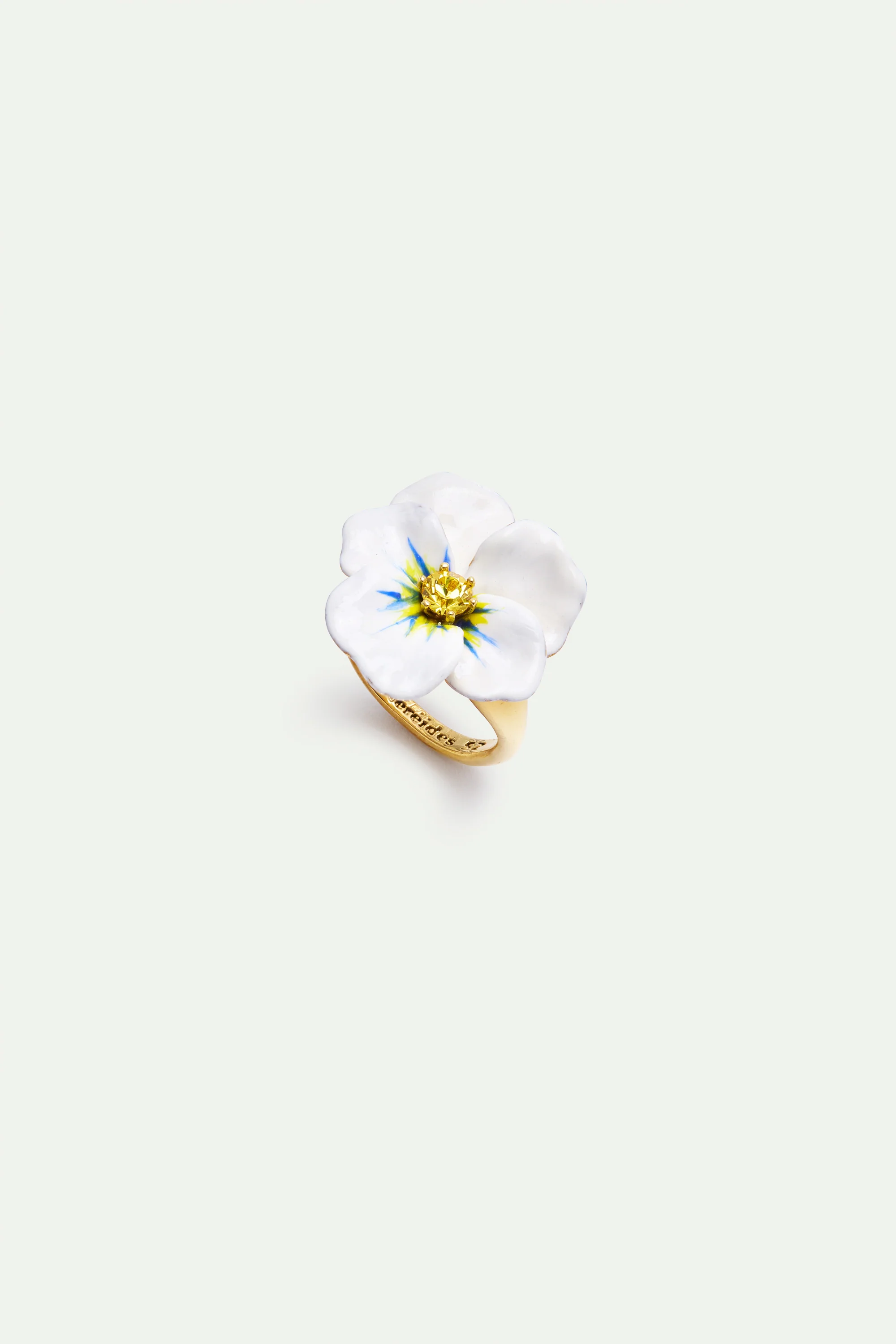 White Pansy and Cut Crystal Cocktail Ring