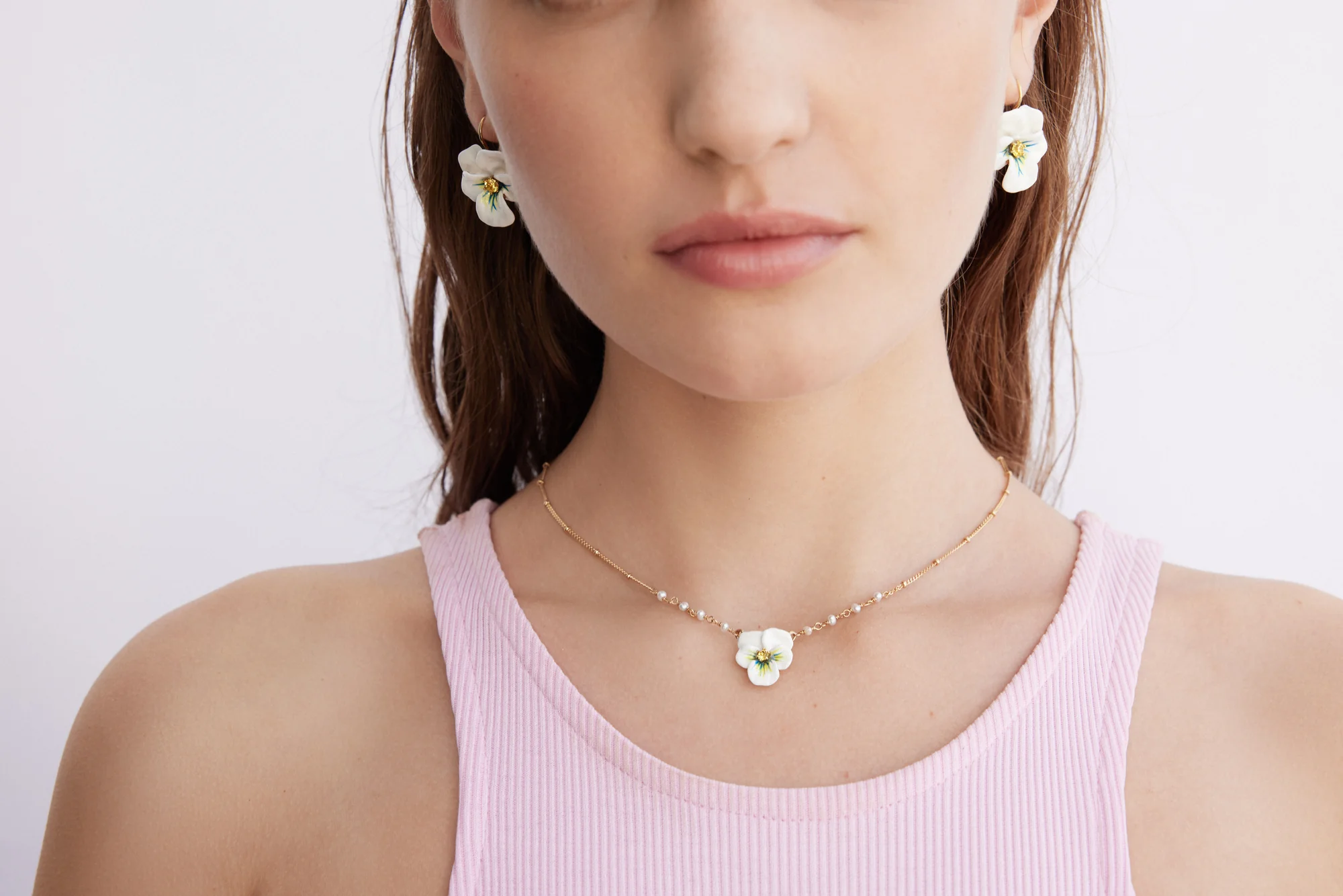 White Pansy and Cut Crystal Sleeper Earrings - Image 3
