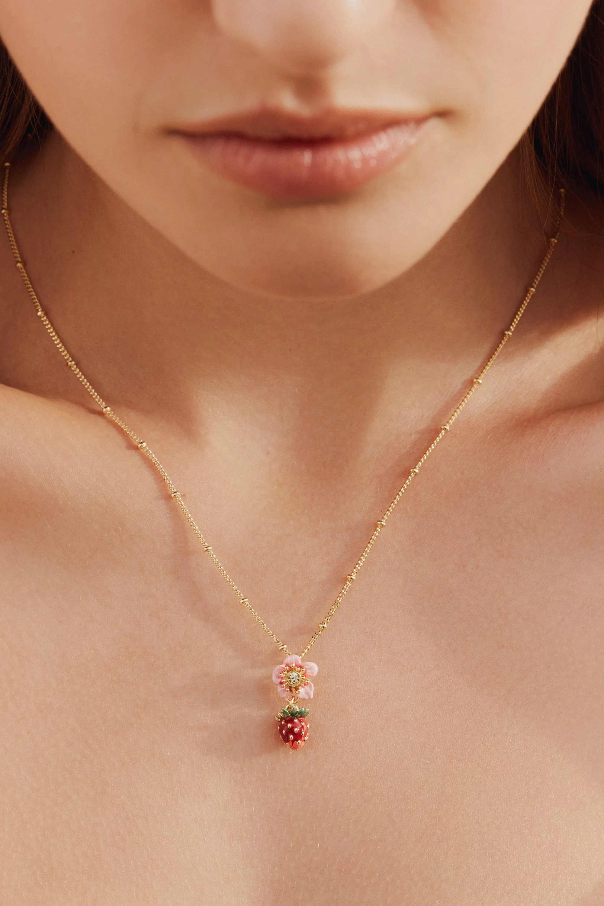 Wild Strawberry and Pink Flower Pendant Necklace - Image 4