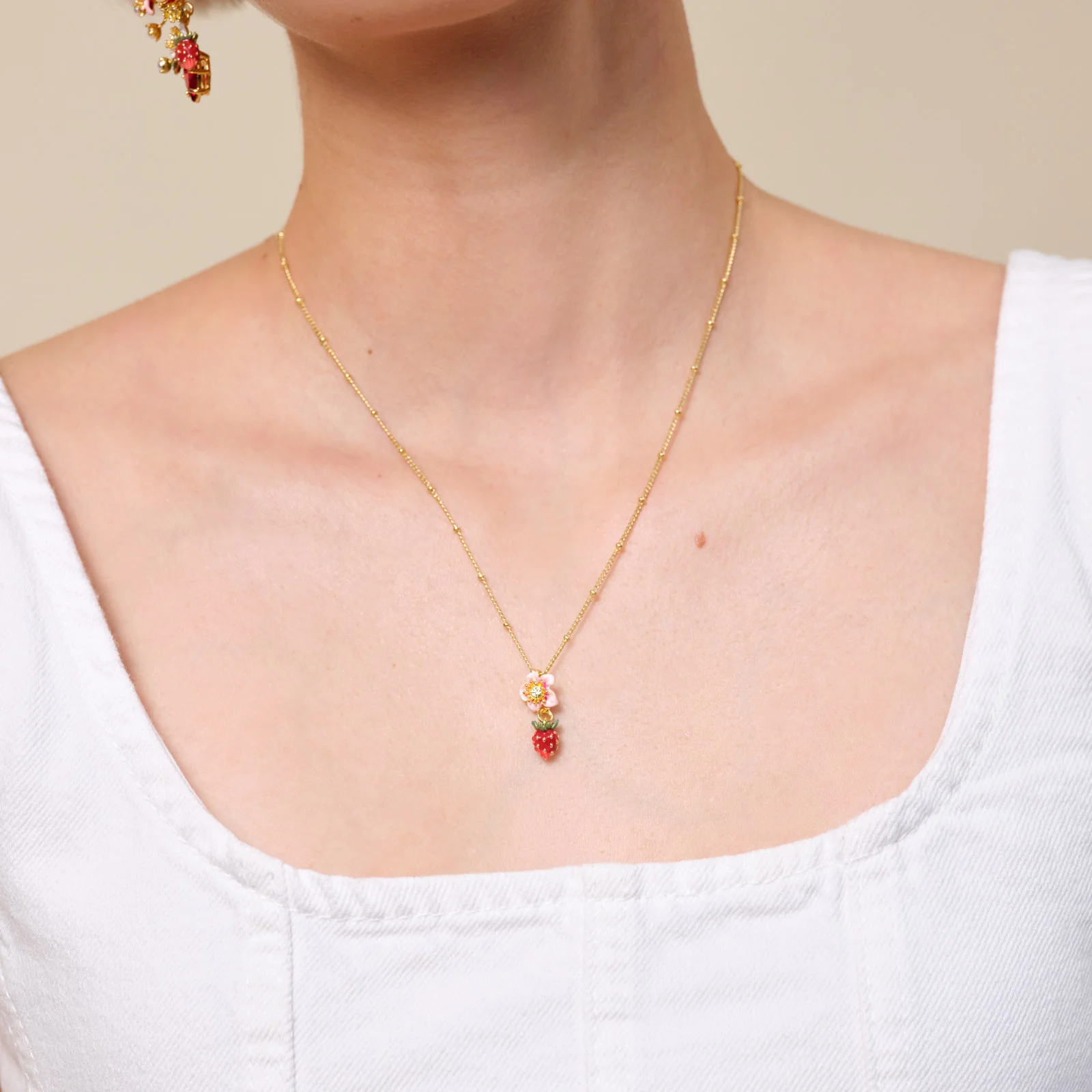 Wild Strawberry and Pink Flower Pendant Necklace - Image 5